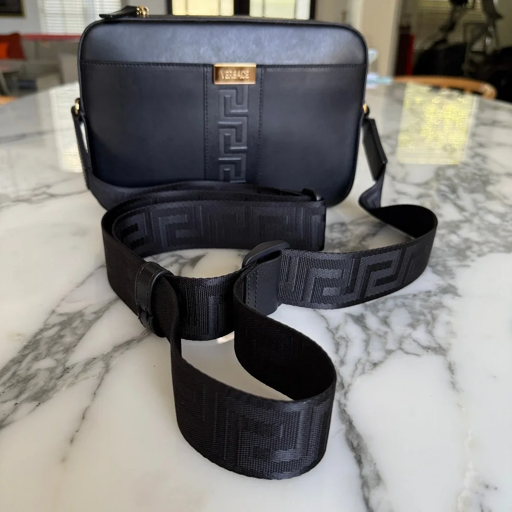 Versace Black Box Leather Shoulder Bag Embossed Greca Crossbody 1010737 Italy